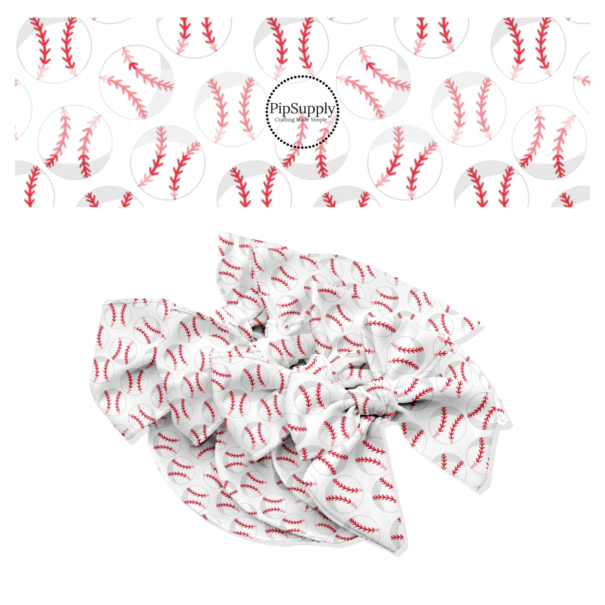 White balls with red stitches on white bow strips