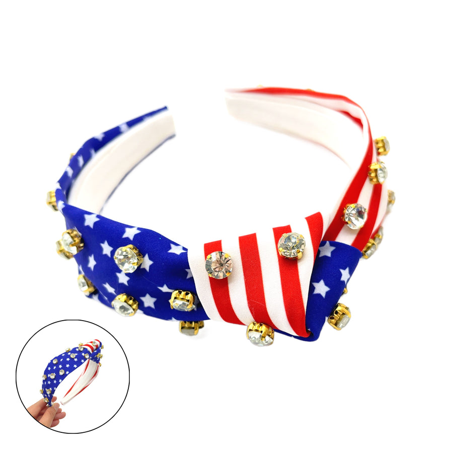 These patriotic rhinestone embellished stars and striped headbands are a stylish hair accessory having the look of a knotted headwrap and the on and off ease of a headband. Made with thick high quality fabric these headbands are a perfect simple and fashionable answer to keeping your hair back!