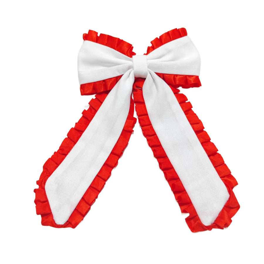 These patriotic ribbon edge long tail pre-cut tied bows are ready to package and resell to your customers no sewing or measuring necessary! These hair bows come with a clip already attached.