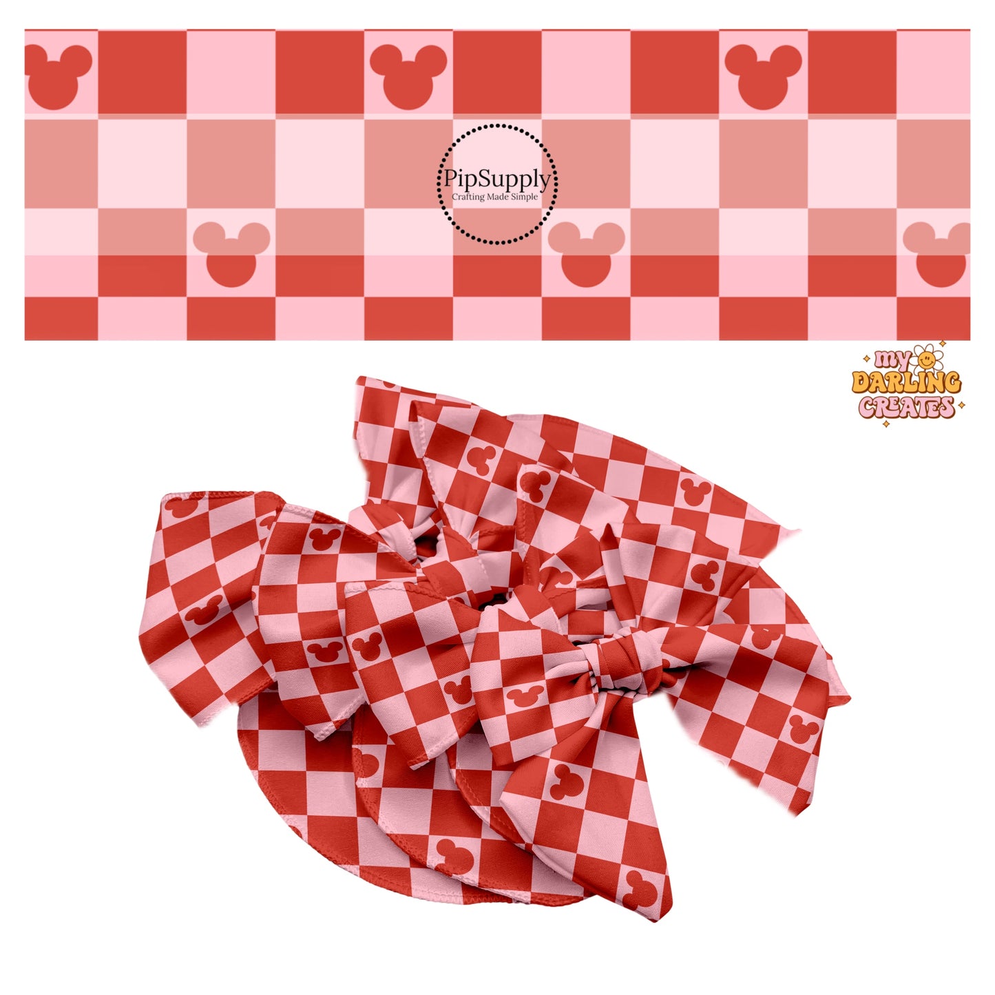 Pink checker with red mouse heads hair bow strips