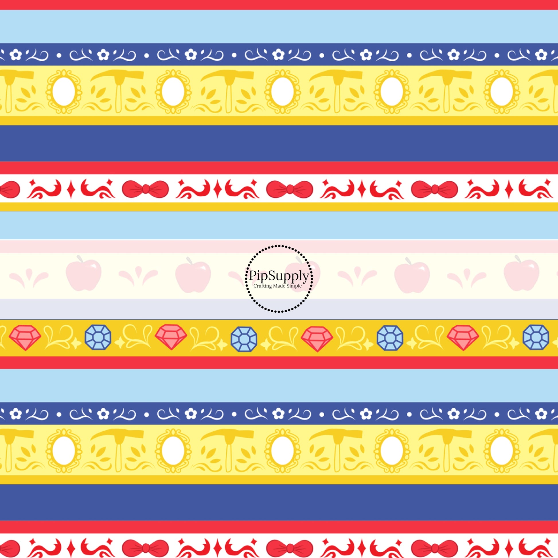 red apples with red bows on yellow red and blue stripes hair bow strips
