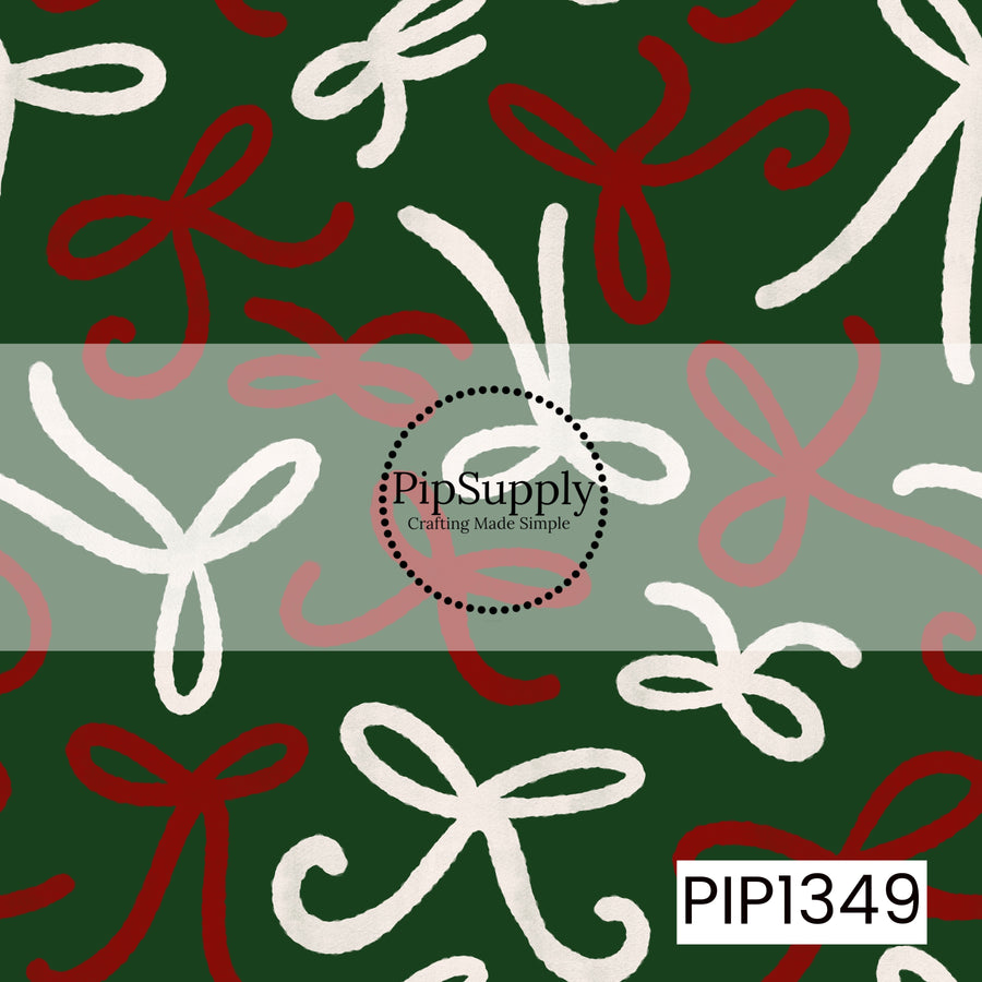 A festive Christmas seamless pattern featuring oversized, whimsical hand-drawn bows in deep red and creamy ivory scattered across a rich forest green background. The bows have flowing loops, curled ribbon tails, and a slightly textured, painted appearance, creating a playful, preppy holiday design with a bold yet classic Christmas color palette.