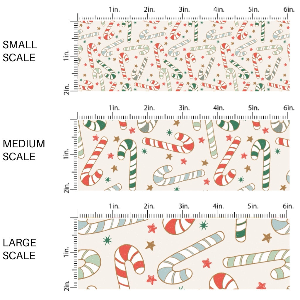 These Christmas themed pattern fabric by the yard features the following design elements: candy canes on cream. This fun themed fabric can be used for all your sewing and crafting needs!