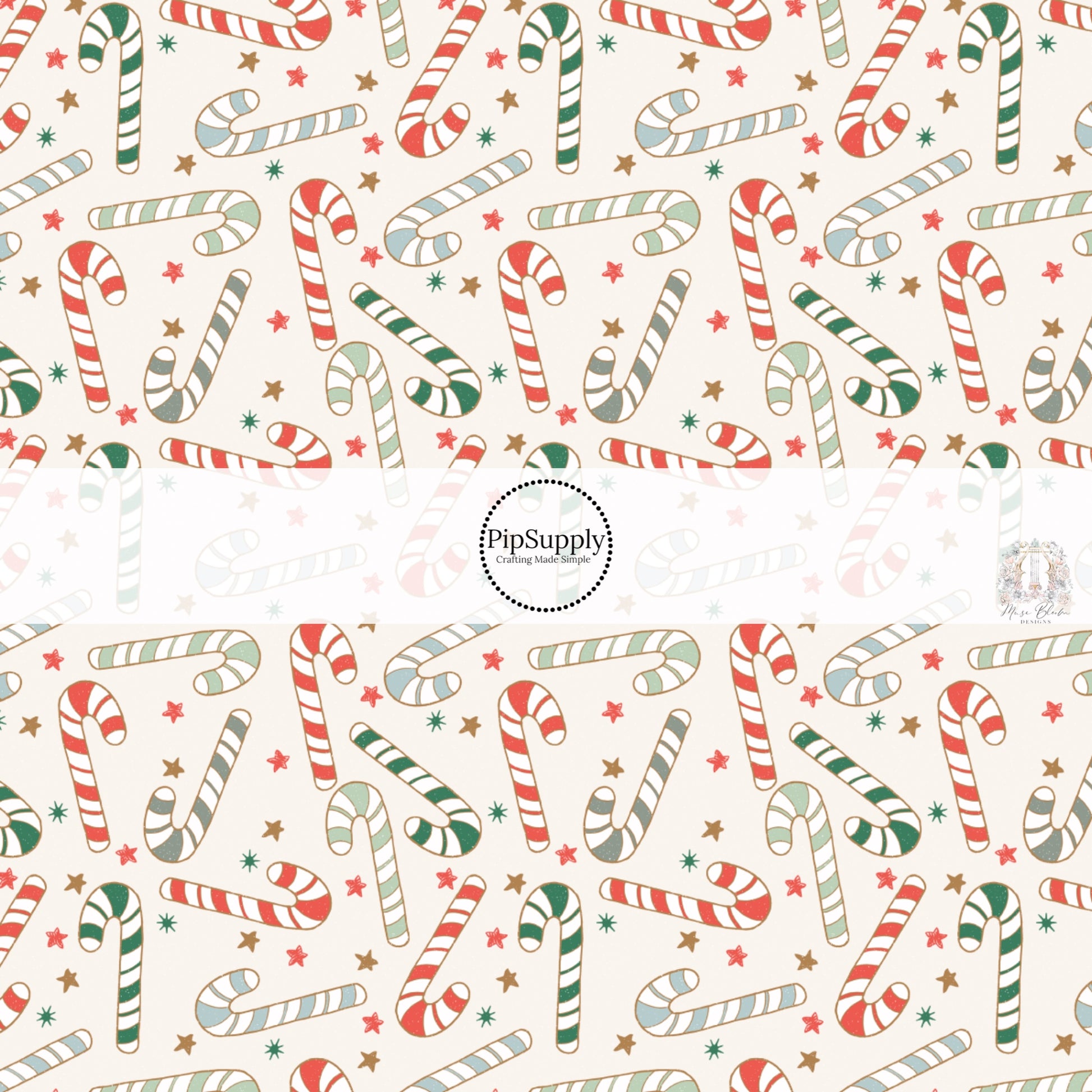 These Christmas themed pattern fabric by the yard features the following design elements: candy canes on cream. This fun themed fabric can be used for all your sewing and crafting needs!