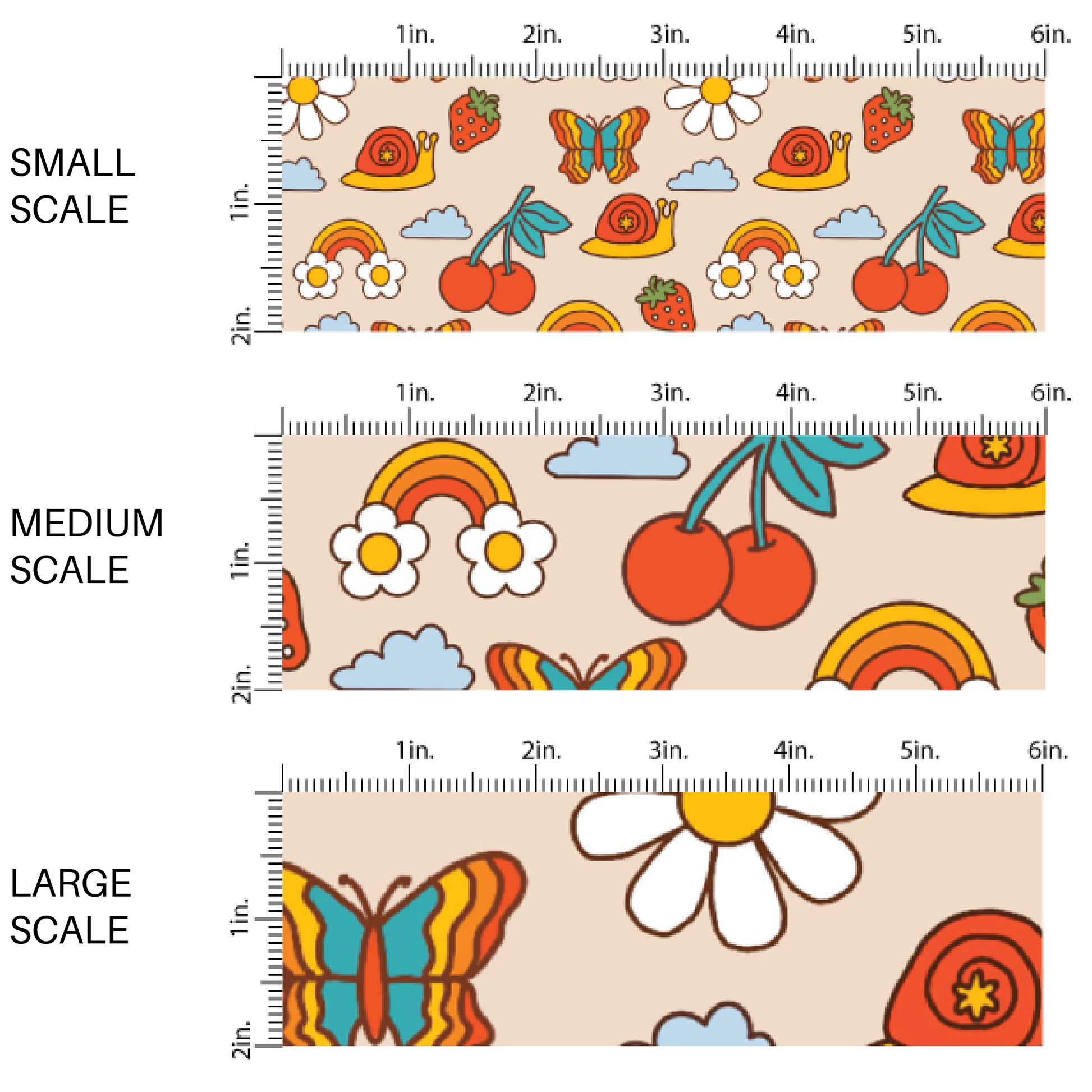 Retro Snails, Clouds, Strawberries, and Daisies on tan Fabric by the Yard scaled image guide.