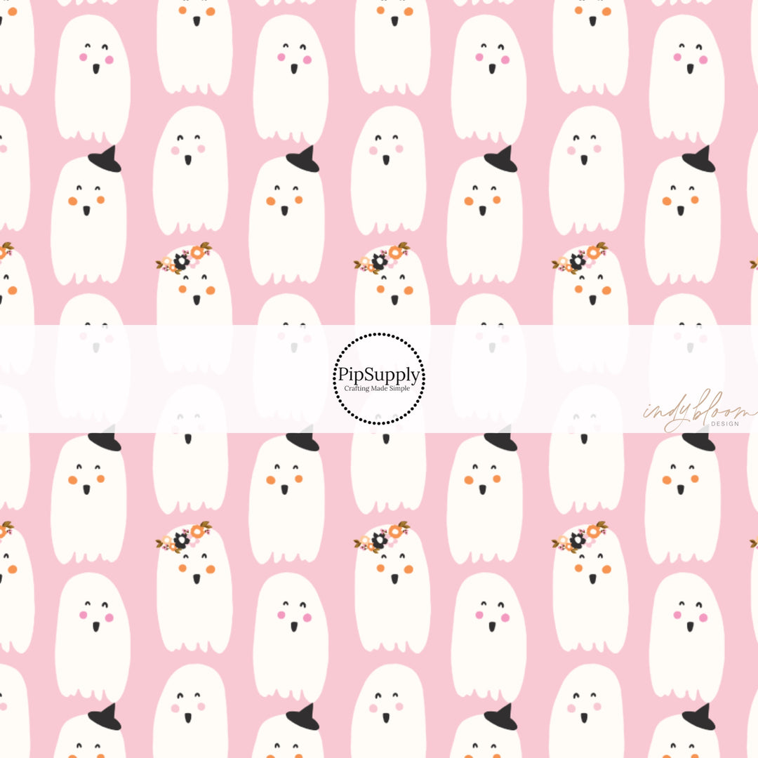 These Halloween themed pattern fabric by the yard features the following design elements: ghost on light pink. This fun spooky themed fabric can be used for all your sewing and crafting needs!