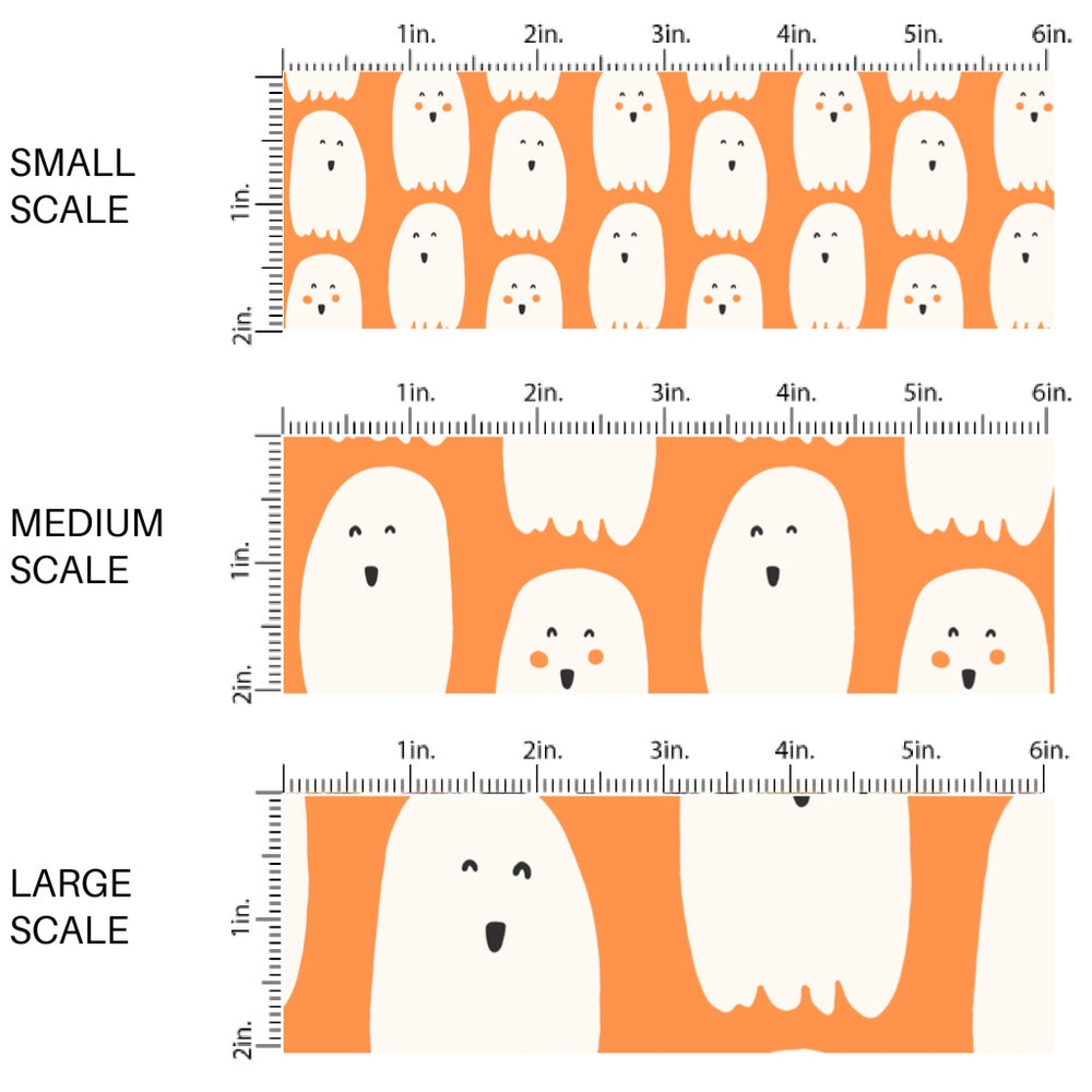 These Halloween themed pattern fabric by the yard features the following design elements: ghost on orange. This fun spooky themed fabric can be used for all your sewing and crafting needs!