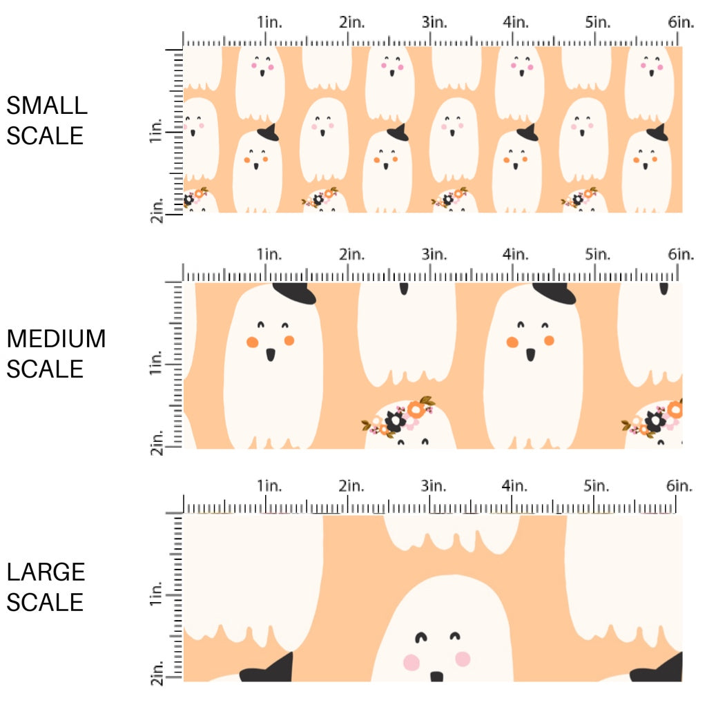 These Halloween themed pattern fabric by the yard features the following design elements: ghost on light peach. This fun spooky themed fabric can be used for all your sewing and crafting needs!