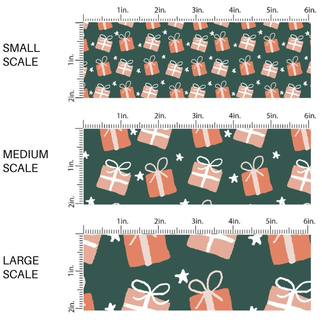 These Christmas themed pattern fabric by the yard features the following design elements: retro wrapped presents on green. This fun themed fabric can be used for all your sewing and crafting needs!