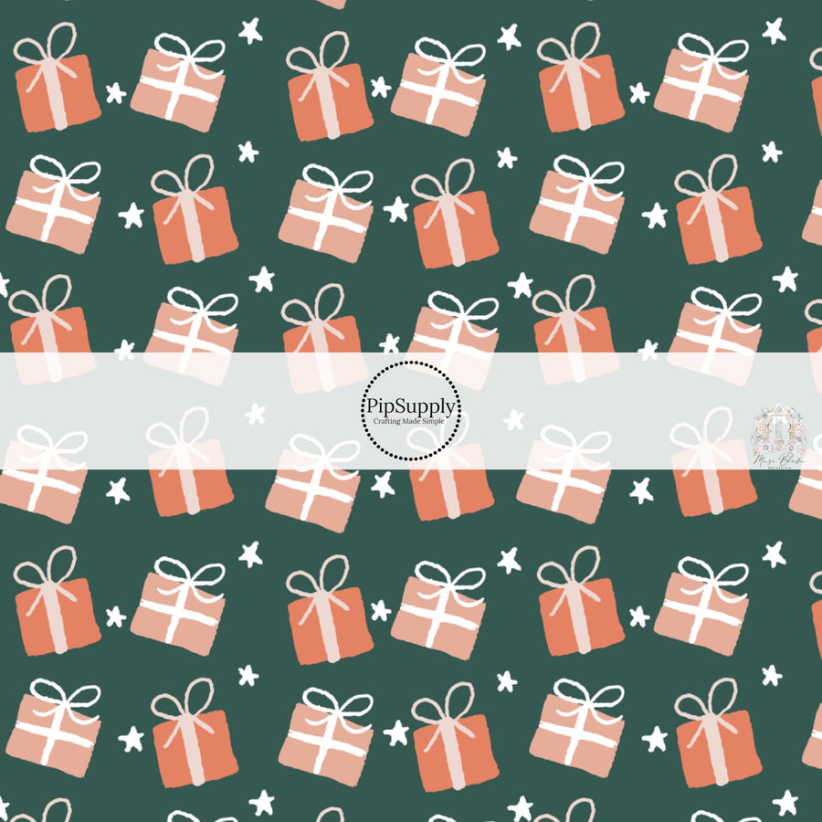 These Christmas themed pattern fabric by the yard features the following design elements: retro wrapped presents on green. This fun themed fabric can be used for all your sewing and crafting needs!