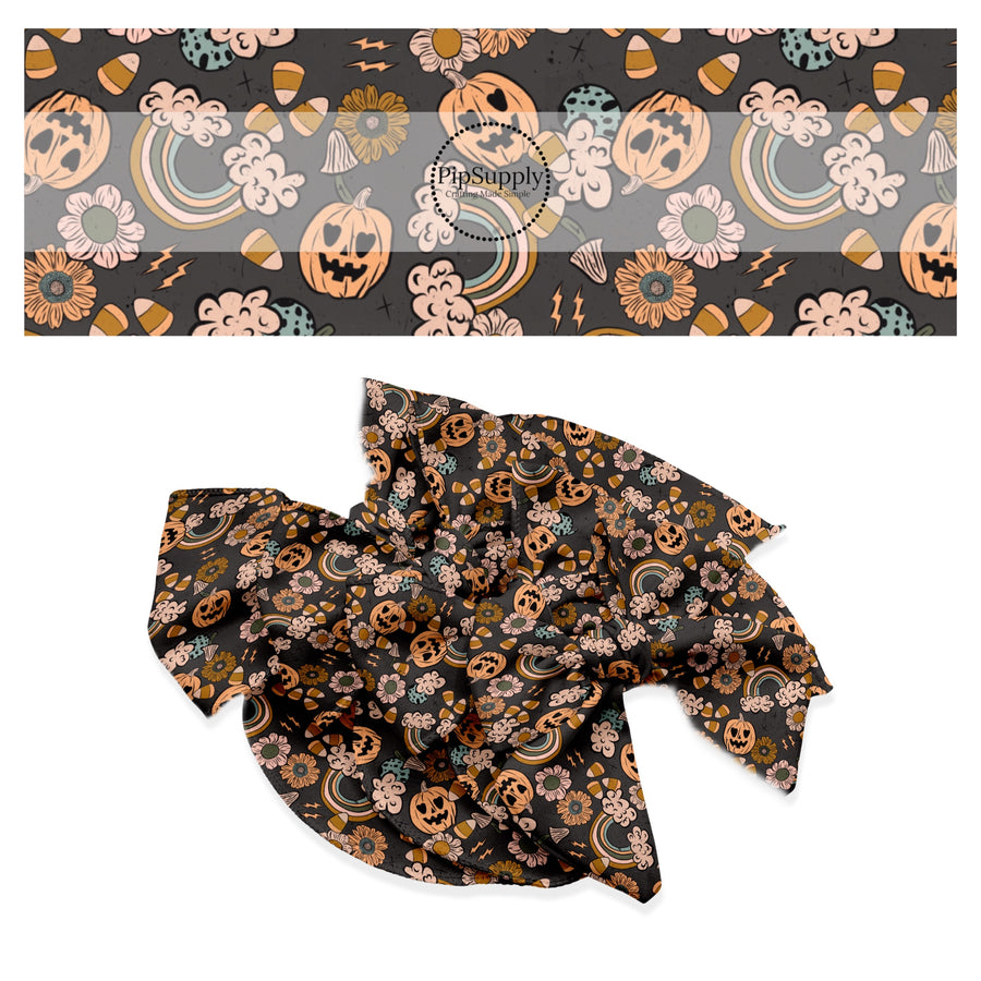 Pumpkins, rainbows, flowers, candy corn, and lightning bolts on dark gray hair bow strips