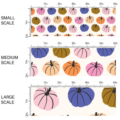 These Halloween themed pattern fabric by the yard features the following design elements: multi colored pumpkins on cream. This fun spooky themed fabric can be used for all your sewing and crafting needs!