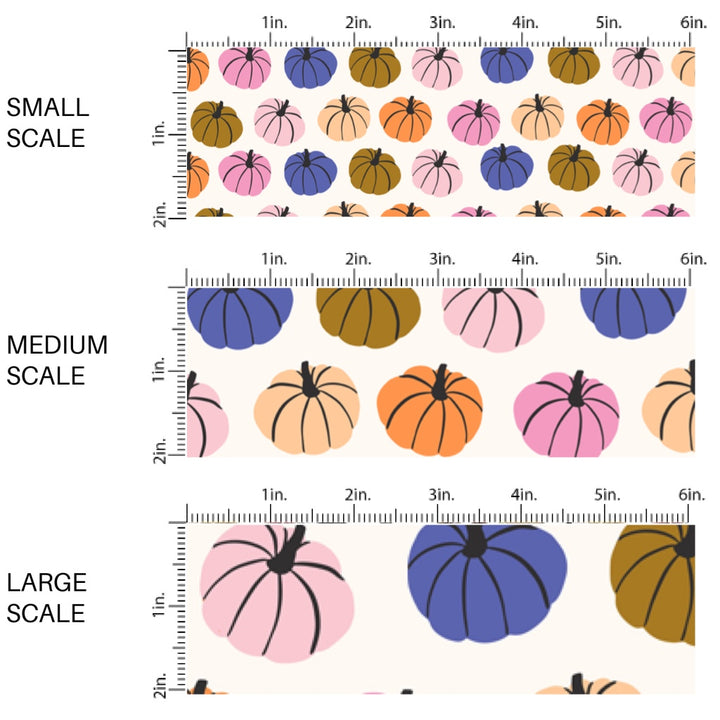 These Halloween themed pattern fabric by the yard features the following design elements: multi colored pumpkins on cream. This fun spooky themed fabric can be used for all your sewing and crafting needs!