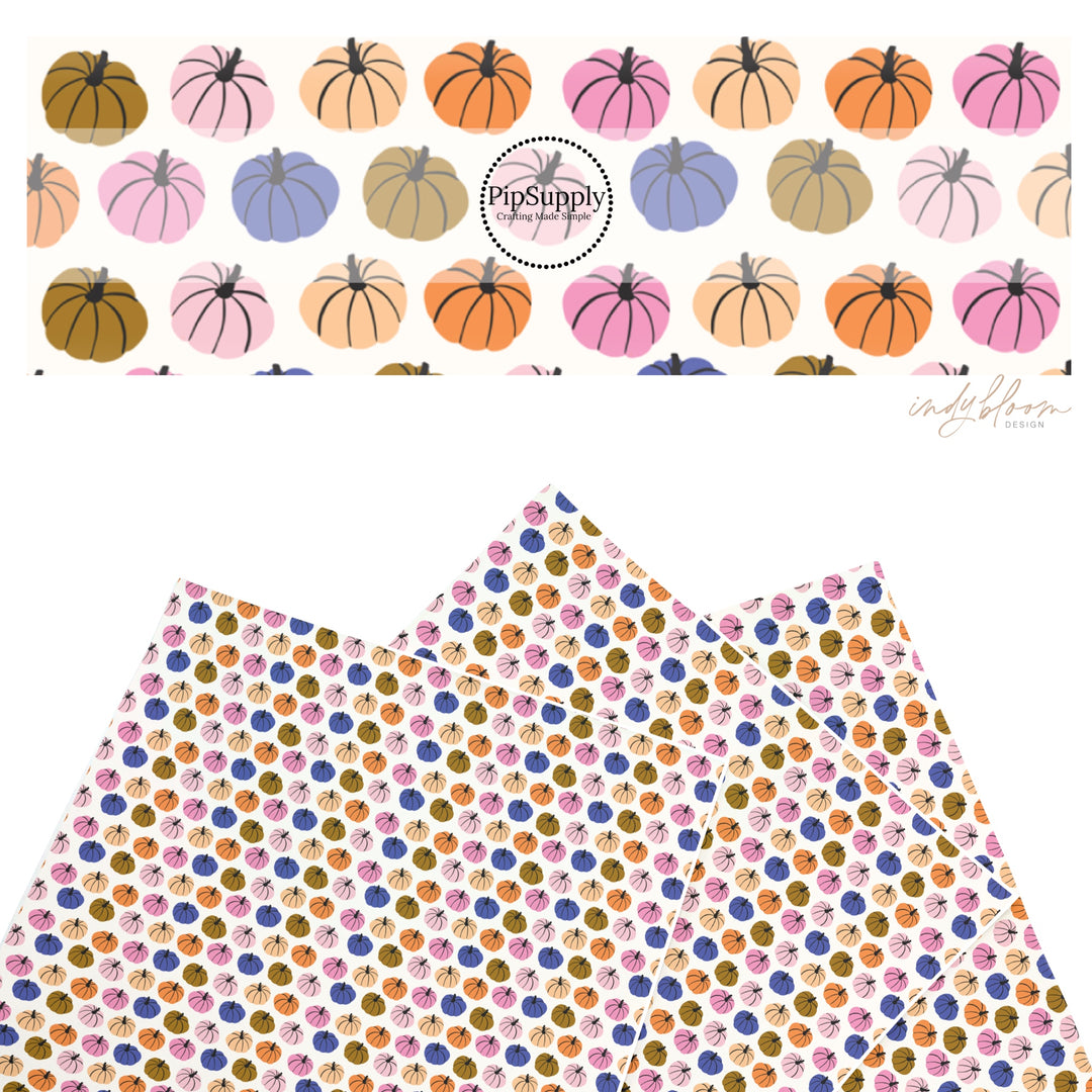 These Halloween themed pattern faux leather sheets contain the following design elements: multi colored pumpkins on cream. Our CPSIA compliant faux leather sheets or rolls can be used for all types of crafting projects.