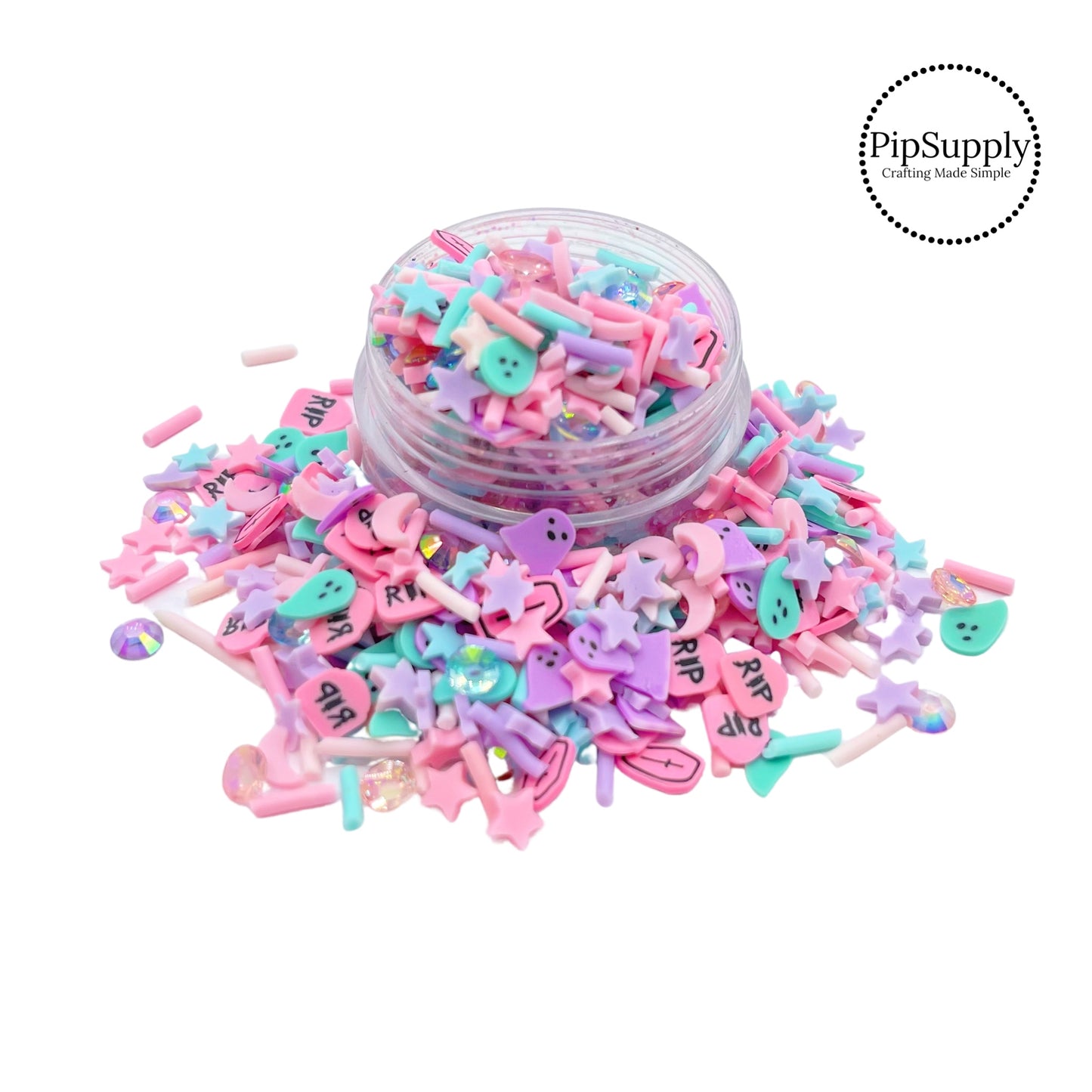 Ghost, moons, stars, sprinkles, rhinestones, and coffins clay slice mix