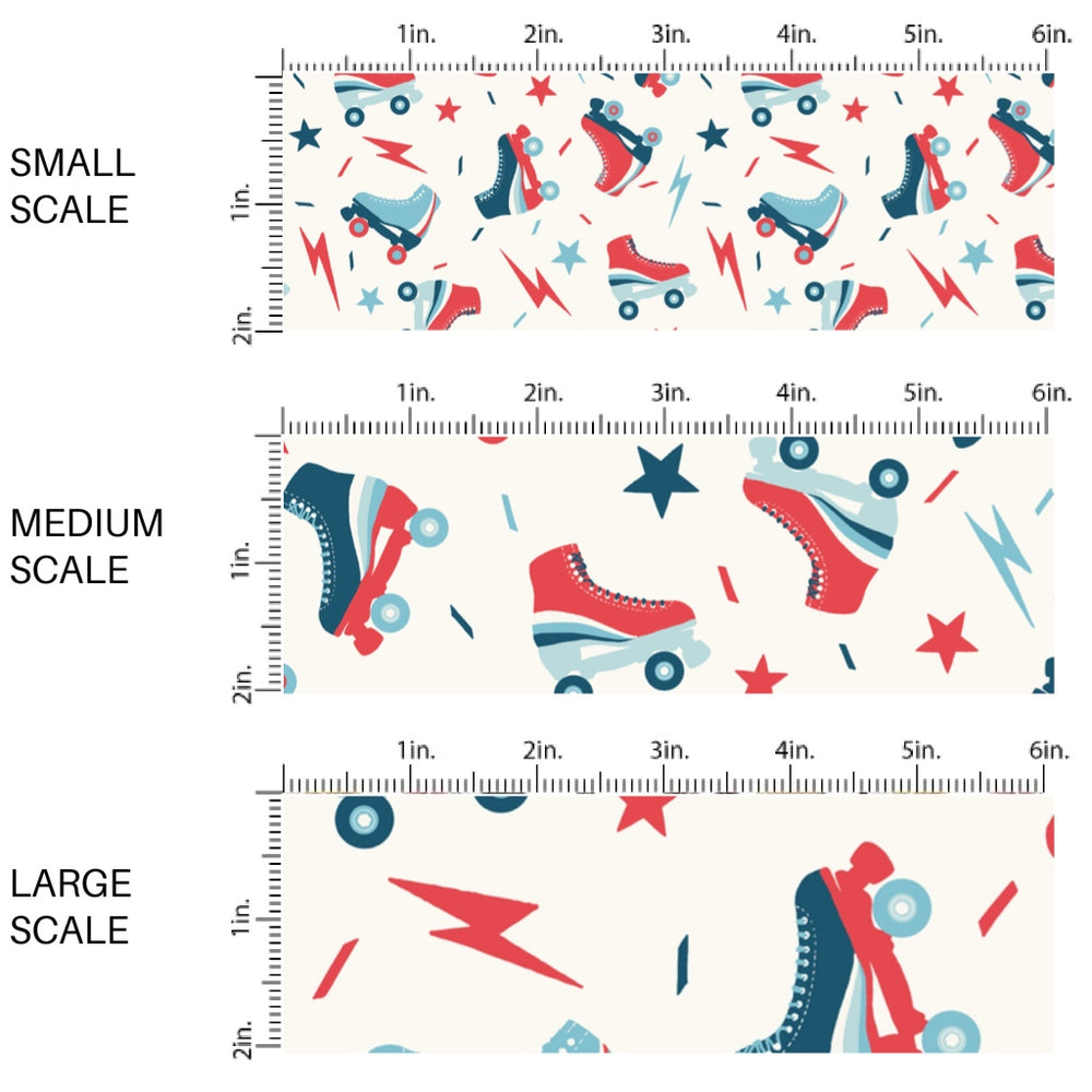 This scale chart of small scale, medium scale, and large scale of this 4th of July fabric by the yard features patriotic roller skates on cream. This fun patriotic themed fabric can be used for all your sewing and crafting needs!