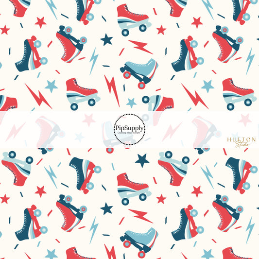 This 4th of July fabric by the yard features patriotic roller skates on cream. This fun patriotic themed fabric can be used for all your sewing and crafting needs!