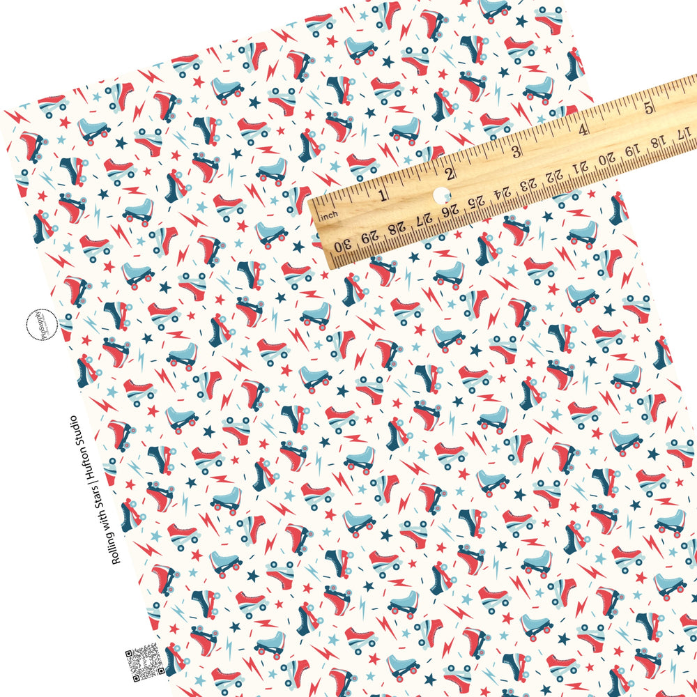 These 4th of July faux leather sheets contain the following design elements: patriotic roller skates on cream. Our CPSIA compliant faux leather sheets or rolls can be used for all types of crafting projects.