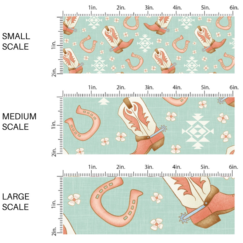 This scale chart of small scale, medium scale, and large scale of this summer fabric by the yard features cowboy boots on western aqua aztec pattern. This fun summer themed fabric can be used for all your sewing and crafting needs!