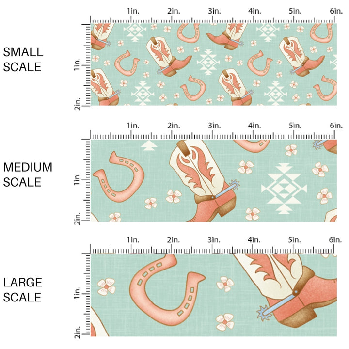 This scale chart of small scale, medium scale, and large scale of this summer fabric by the yard features cowboy boots on western aqua aztec pattern. This fun summer themed fabric can be used for all your sewing and crafting needs!