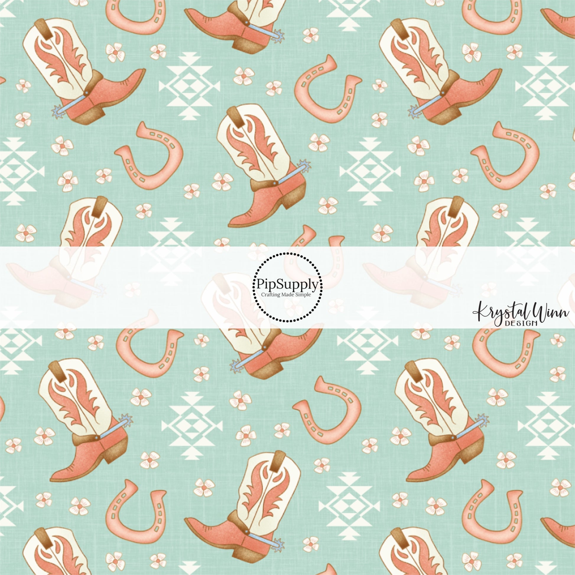 This summer fabric by the yard features cowboy boots on western aqua aztec pattern. This fun summer themed fabric can be used for all your sewing and crafting needs!
