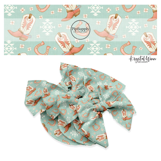 These summer themed no sew bow strips can be easily tied and attached to a clip for a finished hair bow. These summer patterned bow strips are great for personal use or to sell. These bow strips feature cowboy boots on western aqua aztec pattern.