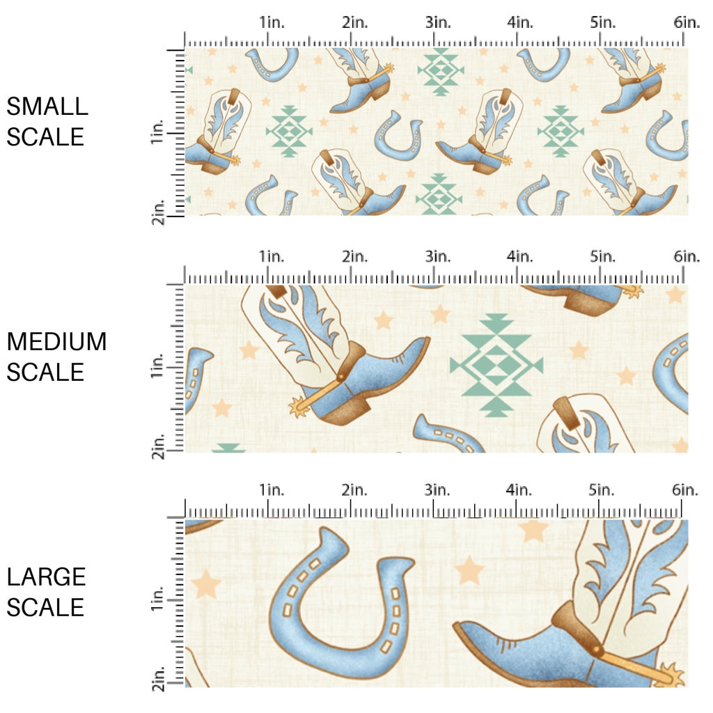This scale chart of small scale, medium scale, and large scale of this summer fabric by the yard features cowboy boots on western cream aztec pattern. This fun summer themed fabric can be used for all your sewing and crafting needs!