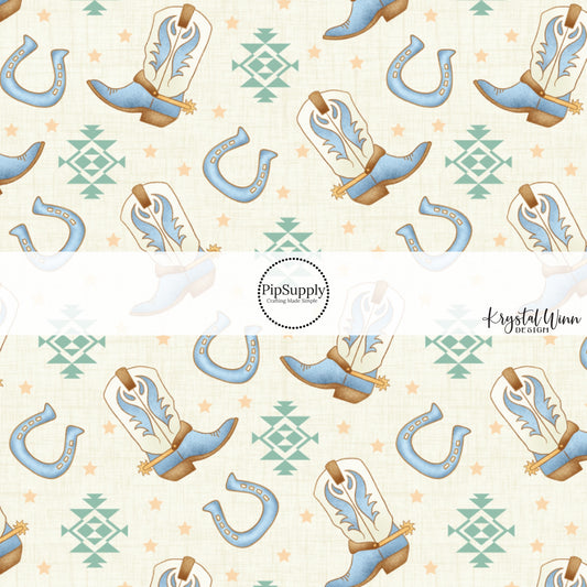 This summer fabric by the yard features cowboy boots on western cream aztec pattern. This fun summer themed fabric can be used for all your sewing and crafting needs!