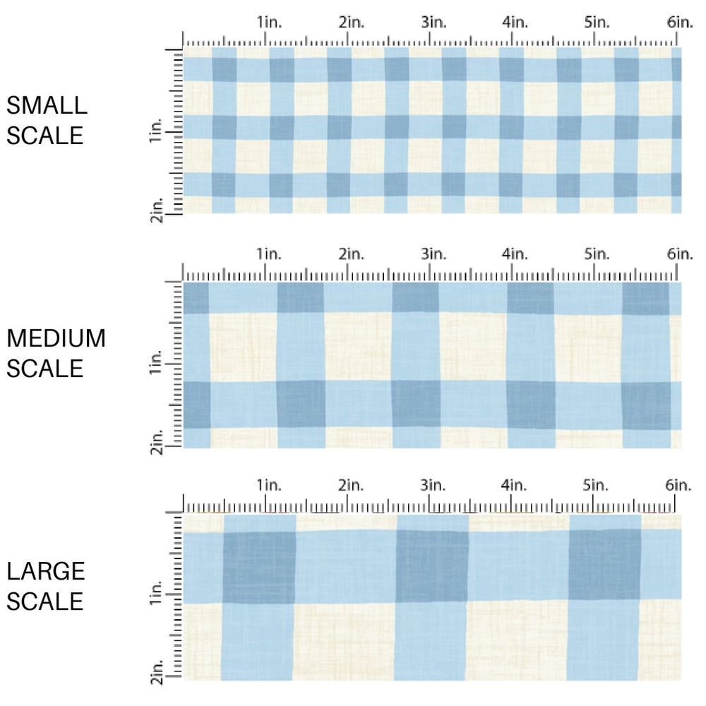 This scale chart of small scale, medium scale, and large scale of this summer fabric by the yard features western blue and cream pattern. This fun summer themed fabric can be used for all your sewing and crafting needs!