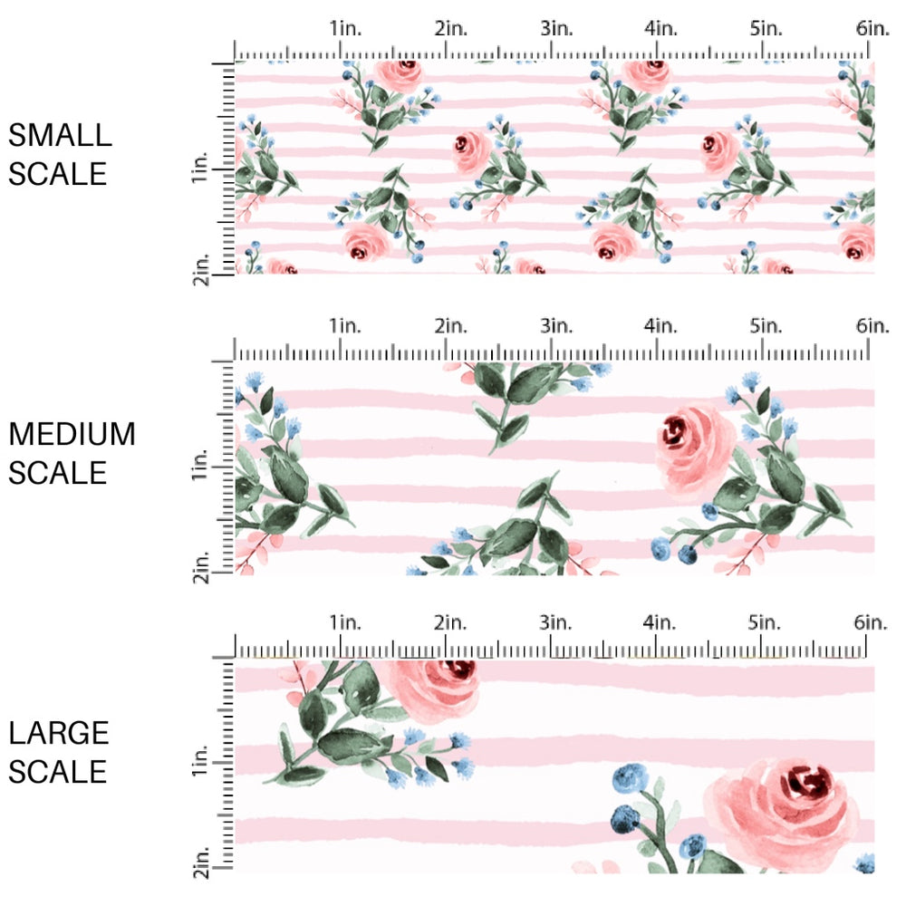 This scale chart of small scale, medium scale, and large scale of this summer fabric by the yard features pink roses and pinstripes on cream. This fun summer themed fabric can be used for all your sewing and crafting needs!