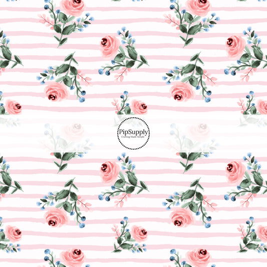 This summer fabric by the yard features pink roses and pinstripes on cream. This fun summer themed fabric can be used for all your sewing and crafting needs!