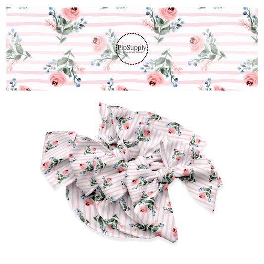 These summer floral themed no sew bow strips can be easily tied and attached to a clip for a finished hair bow. These summer patterned bow strips are great for personal use or to sell. These bow strips feature pink roses and pinstripes on cream.