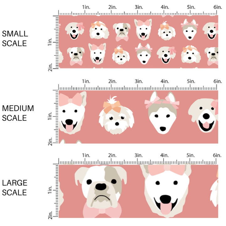 This scale chart of small scale, medium scale, and large scale of this summer fabric by the yard features puppies with bows on pink. This fun themed fabric can be used for all your sewing and crafting needs!