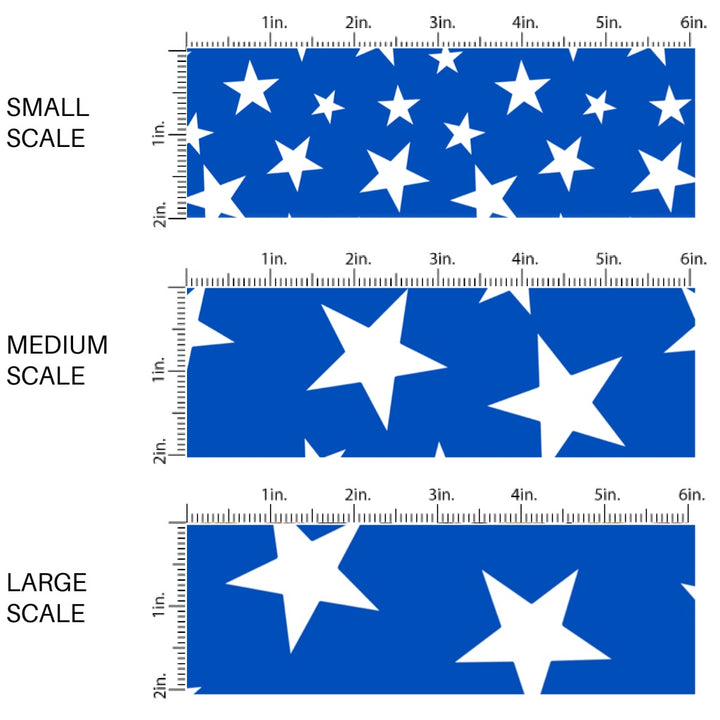 This scale chart of small scale, medium scale, and large scale of this 4th of July fabric by the yard features patriotic white stars on blue. This fun patriotic themed fabric can be used for all your sewing and crafting needs!