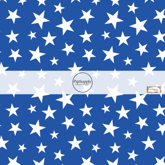 This 4th of July fabric by the yard features patriotic white stars on blue. This fun patriotic themed fabric can be used for all your sewing and crafting needs!