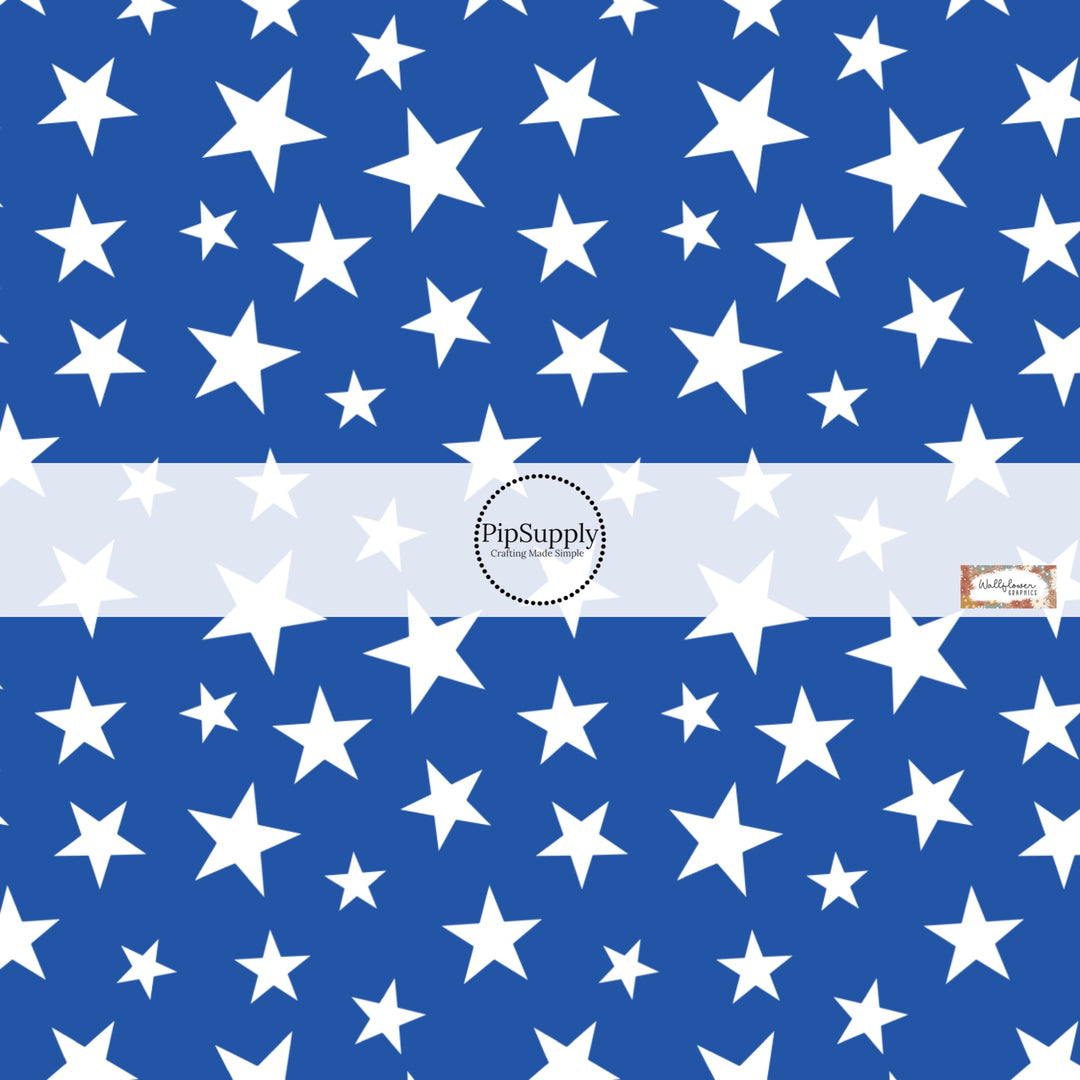 This 4th of July fabric by the yard features patriotic white stars on blue. This fun patriotic themed fabric can be used for all your sewing and crafting needs!