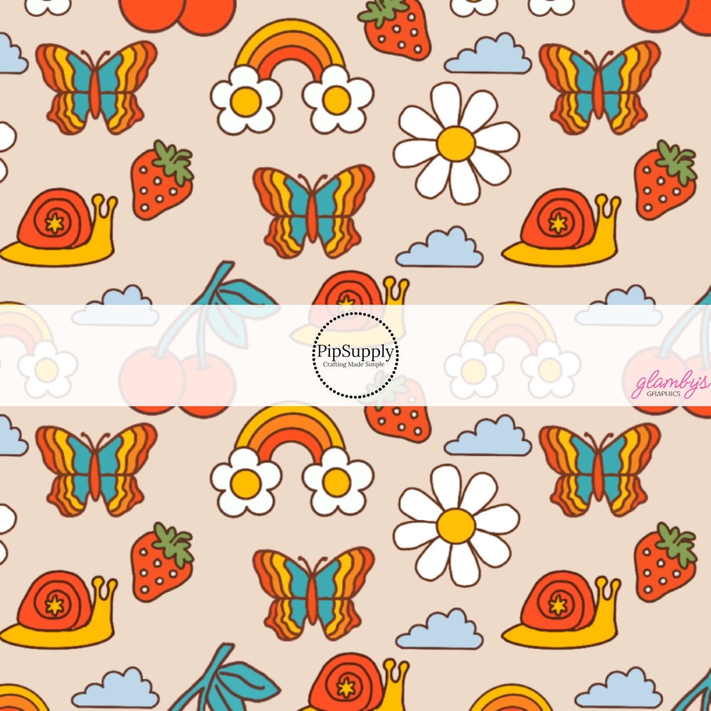 Retro Snails, Clouds, Strawberries, and Daisies on tan Fabric by the Yard.