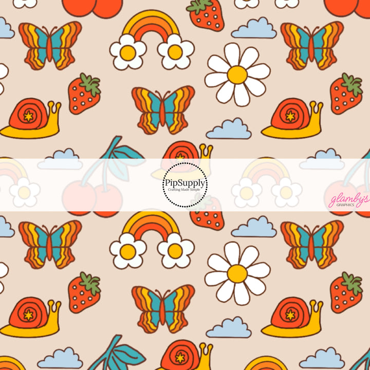 Retro Snails, Clouds, Strawberries, and Daisies on tan Fabric by the Yard.