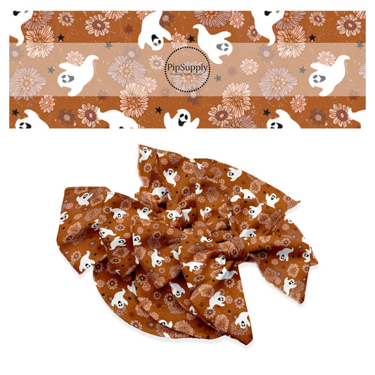 White ghost with flowers and stars on rust hair bow strips