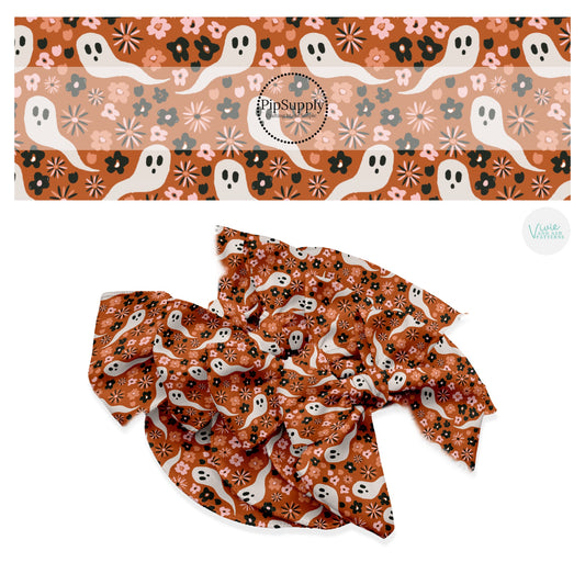Cream ghost with pink and black flowers on rust hair bow strips