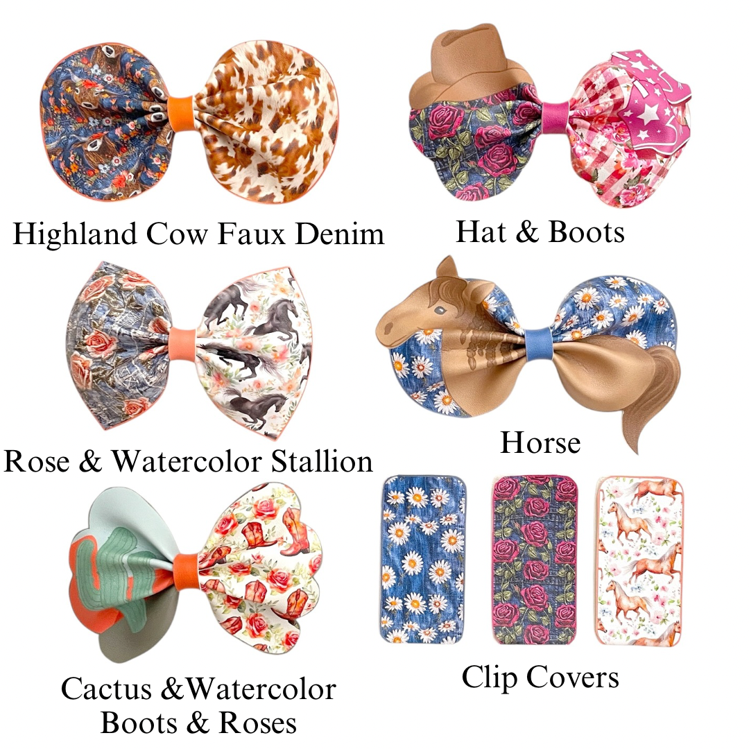 These western floral, cows, horses, and country themed faux leather bow cutouts are ready to cut and assemble for many craft projects. These patterned cutouts can be used to make a hair bow, headband, banner, photo props, scrapbook, party or classroom decorations, bulletin board trim or anything creative!