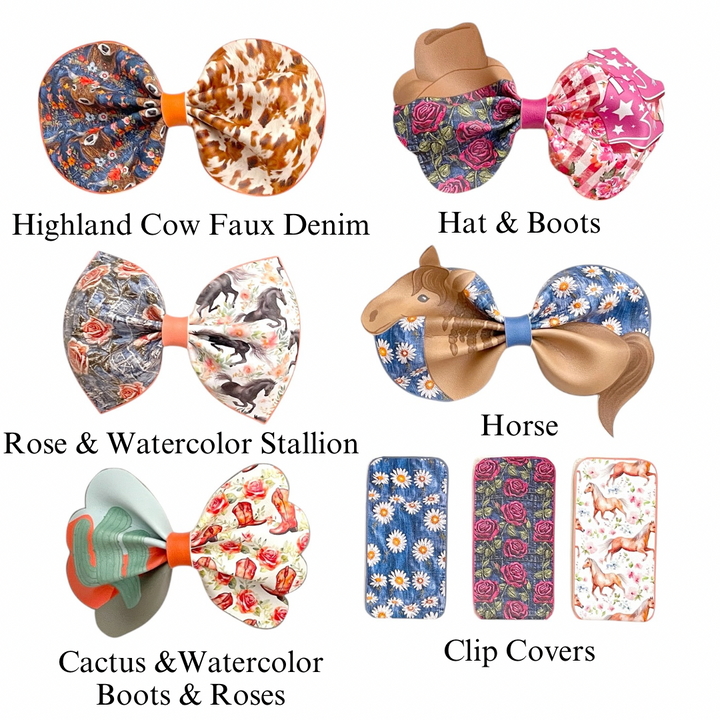 These western floral, cows, horses, and country themed faux leather bow cutouts are ready to cut and assemble for many craft projects. These patterned cutouts can be used to make a hair bow, headband, banner, photo props, scrapbook, party or classroom decorations, bulletin board trim or anything creative!