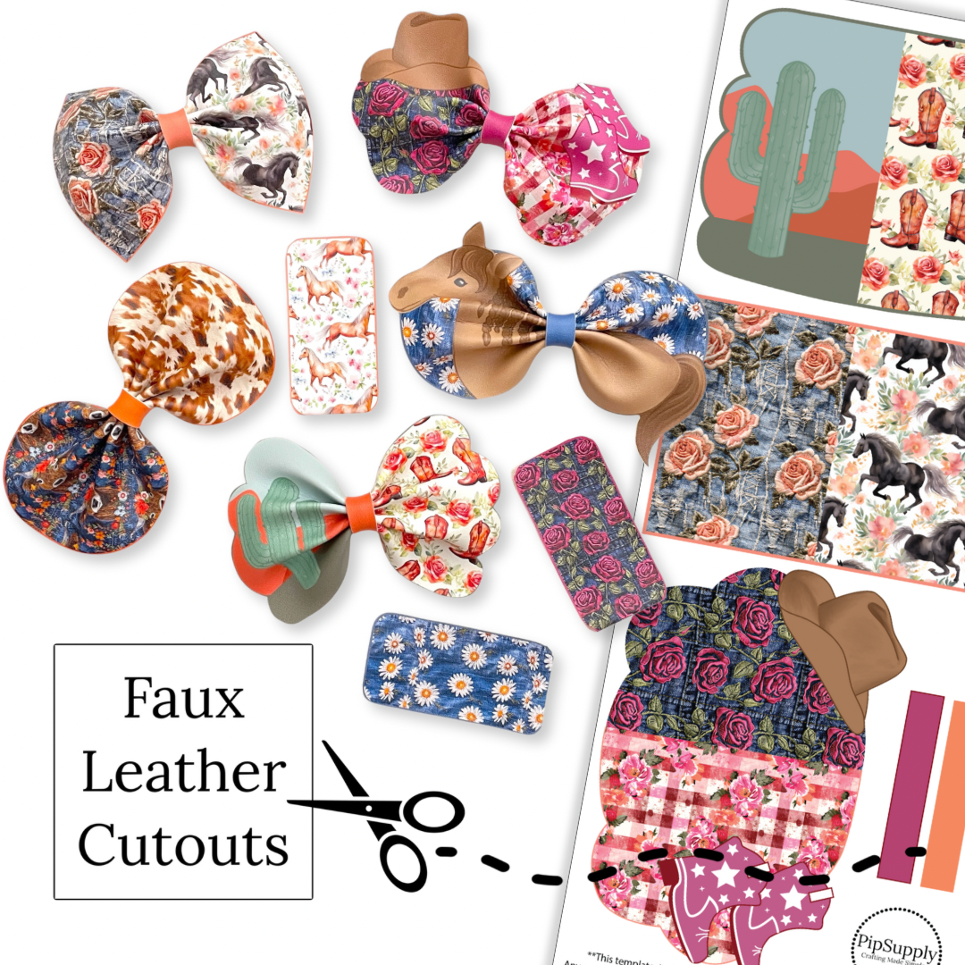 These western floral, cows, horses, and country themed faux leather bow cutouts are ready to cut and assemble for many craft projects. These patterned cutouts can be used to make a hair bow, headband, banner, photo props, scrapbook, party or classroom decorations, bulletin board trim or anything creative!