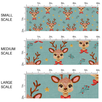 These Christmas themed pattern fabric by the yard features the following design elements: reindeer on sage. This fun themed fabric can be used for all your sewing and crafting needs!