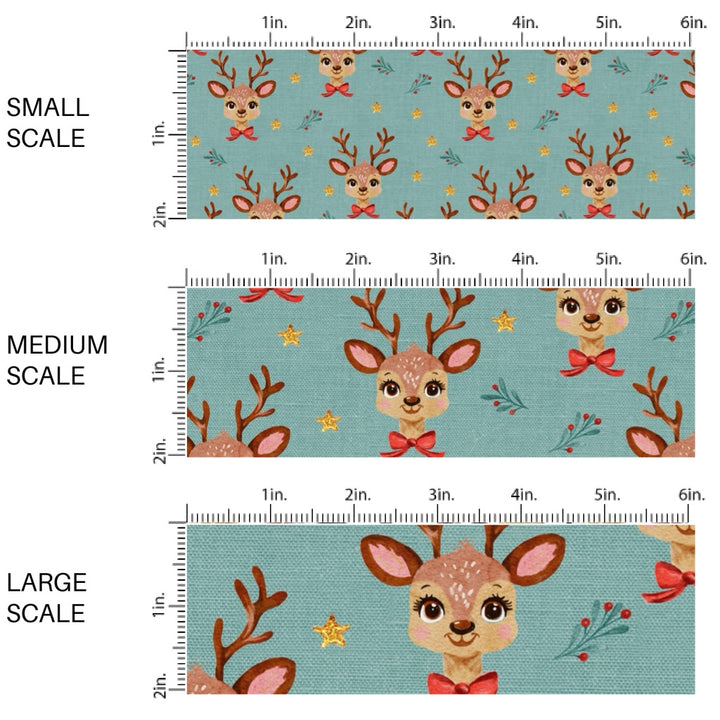 These Christmas themed pattern fabric by the yard features the following design elements: reindeer on sage. This fun themed fabric can be used for all your sewing and crafting needs!