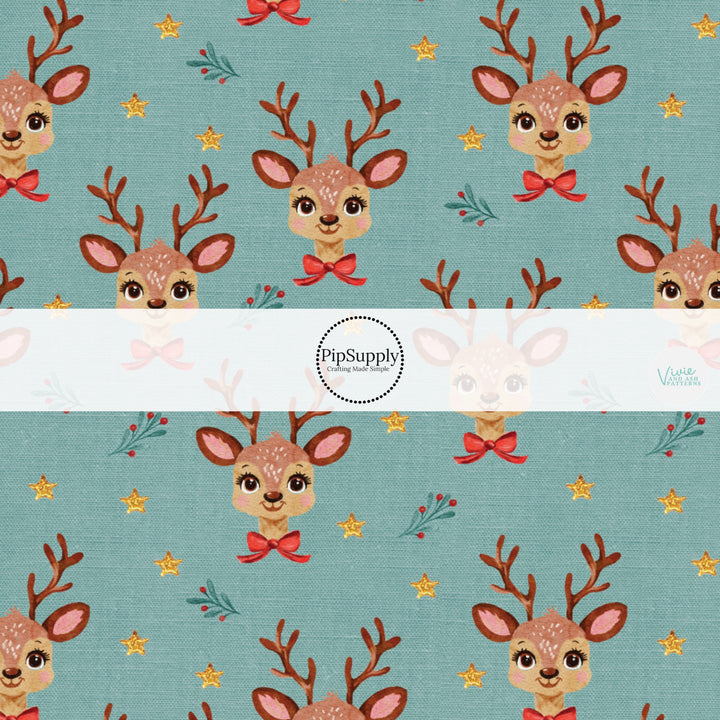 These Christmas themed pattern fabric by the yard features the following design elements: reindeer on sage. This fun themed fabric can be used for all your sewing and crafting needs!