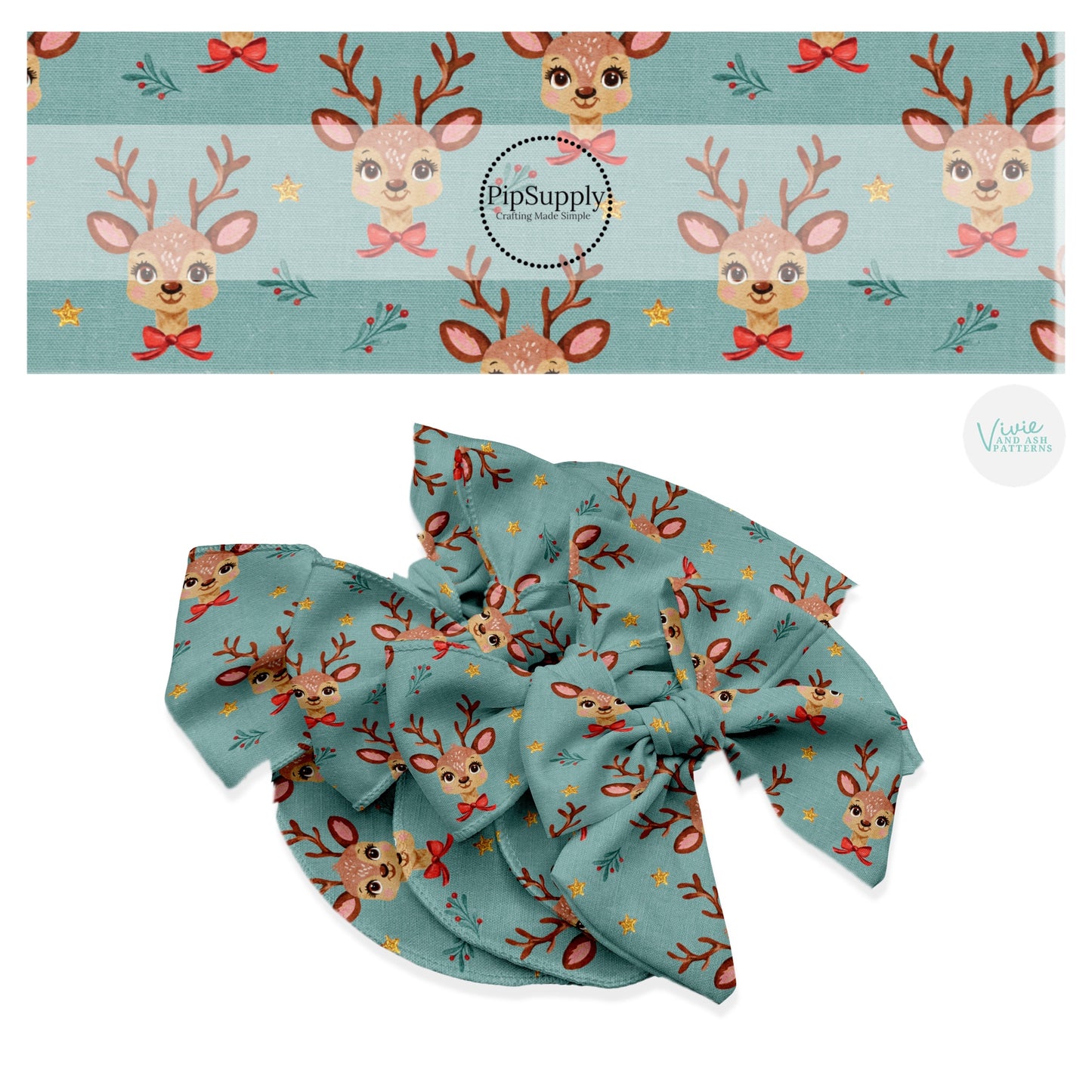 These Christmas themed no sew bow strips can be easily tied and attached to a clip for a finished hair bow. These fun patterned bow strips are great for personal use or to sell. These bow strips feature the following design elements: reindeer on sage.