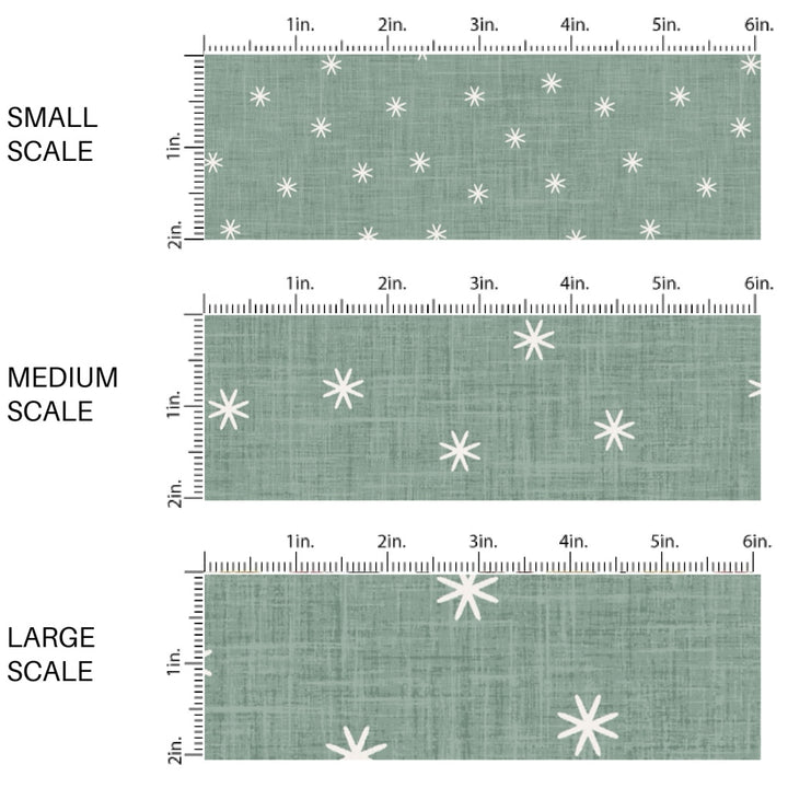 These winter themed pattern fabric by the yard features the following design elements: tiny white snowflakes on sage. This fun themed fabric can be used for all your sewing and crafting needs!