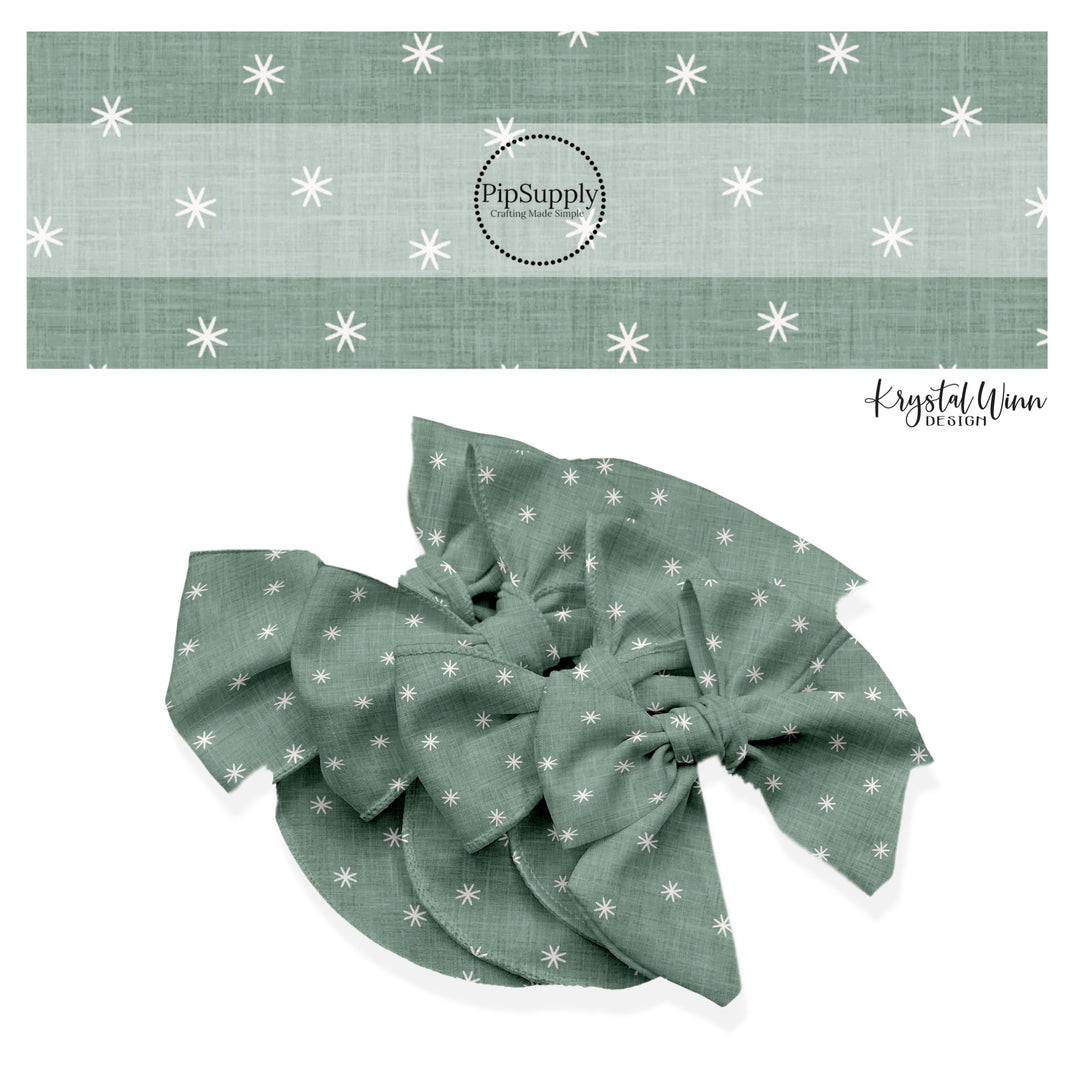 These winter themed no sew bow strips can be easily tied and attached to a clip for a finished hair bow. These fun patterned bow strips are great for personal use or to sell. These bow strips feature the following design elements: tiny white snowflakes on sage.