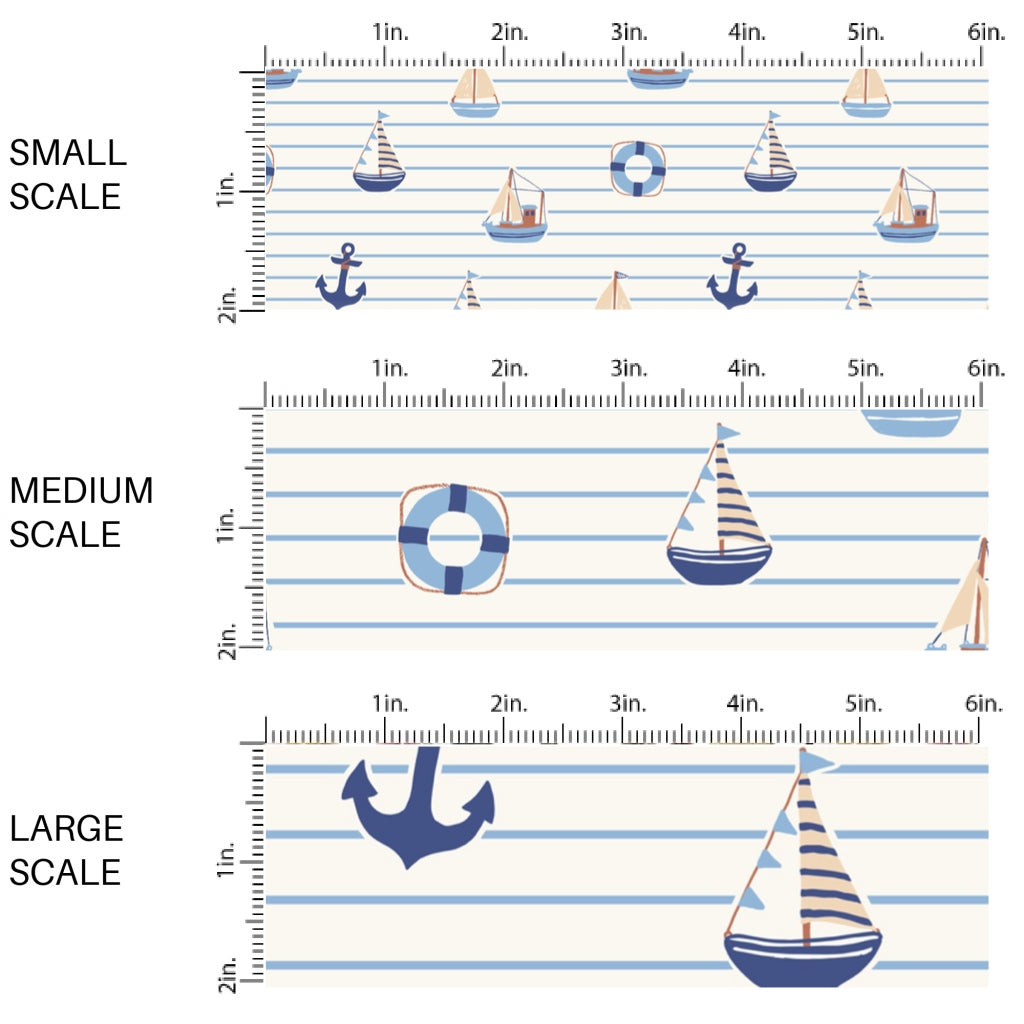 This scale chart of small scale, medium scale, and large scale of this summer fabric by the yard features sailboats on blue and white stripes. This fun themed fabric can be used for all your sewing and crafting needs!